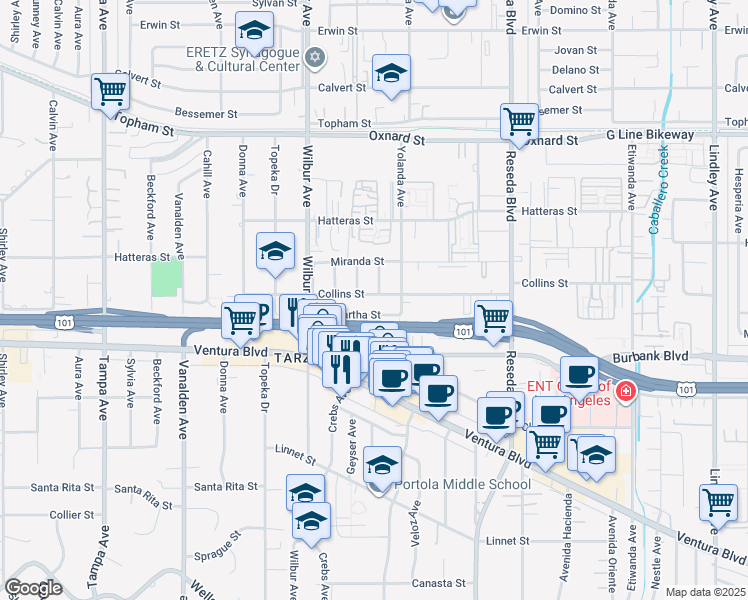map of restaurants, bars, coffee shops, grocery stores, and more near 18730 Collins Street in Los Angeles
