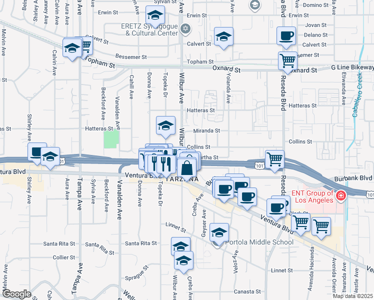 map of restaurants, bars, coffee shops, grocery stores, and more near 18848 Collins Street in Los Angeles