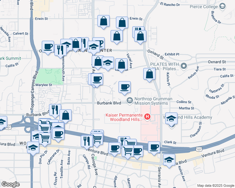 map of restaurants, bars, coffee shops, grocery stores, and more near 21255 Burbank Boulevard in Los Angeles