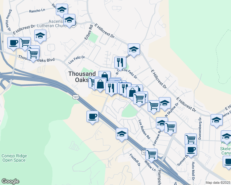 map of restaurants, bars, coffee shops, grocery stores, and more near 2401 Thousand Oaks Boulevard in Thousand Oaks