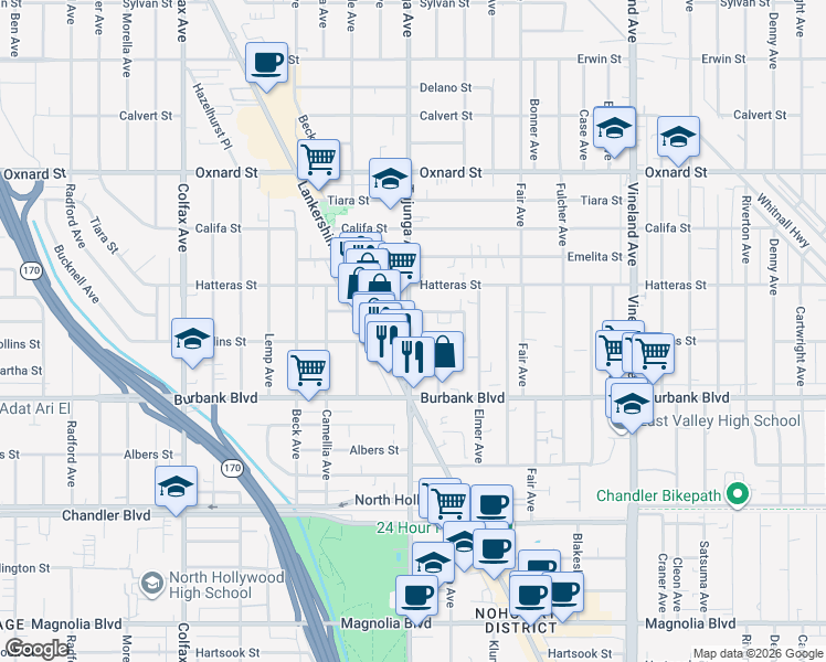 map of restaurants, bars, coffee shops, grocery stores, and more near 11342 Miranda Street in Los Angeles