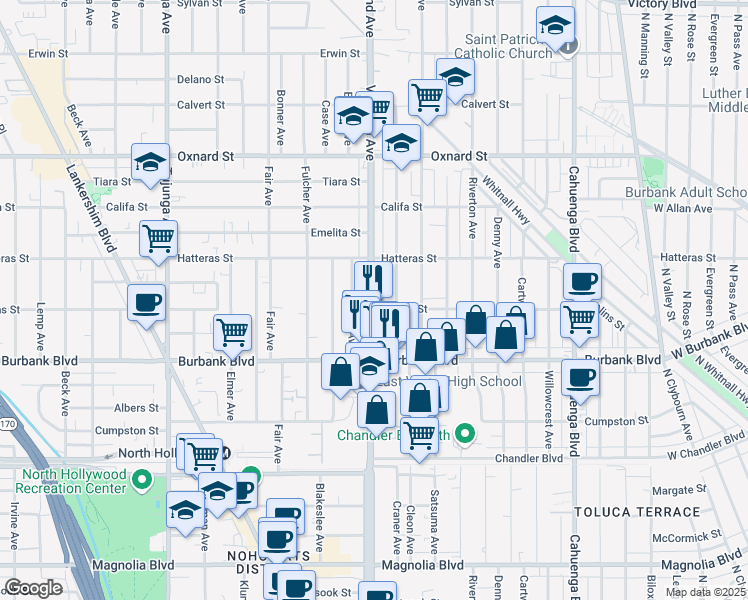 map of restaurants, bars, coffee shops, grocery stores, and more near 70751/2 Vineland Avenue in Los Angeles