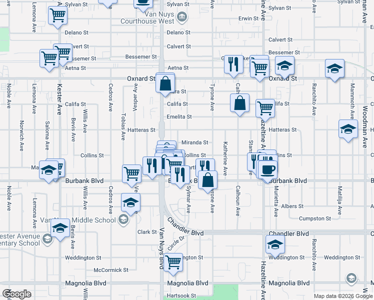 map of restaurants, bars, coffee shops, grocery stores, and more near 14365 Collins Street in Los Angeles