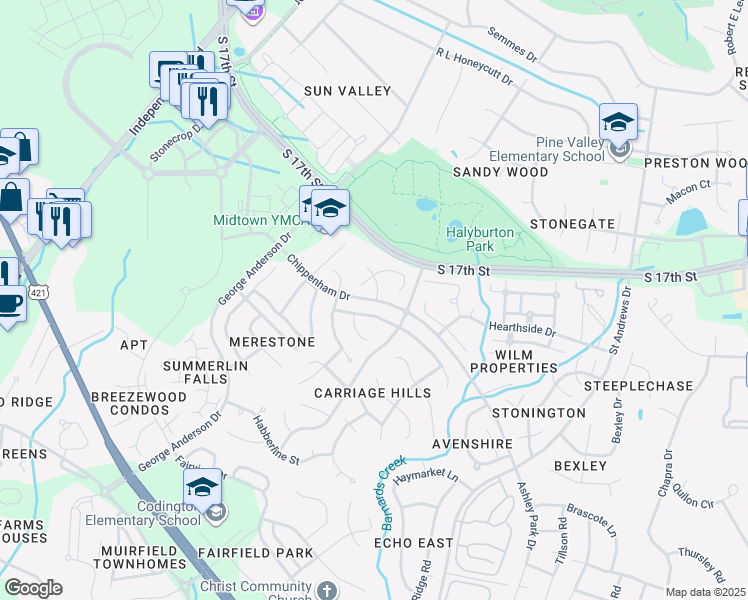 map of restaurants, bars, coffee shops, grocery stores, and more near Chippenham Drive in Wilmington