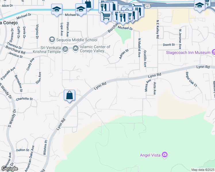 map of restaurants, bars, coffee shops, grocery stores, and more near 2408 West Kelly Road in Thousand Oaks