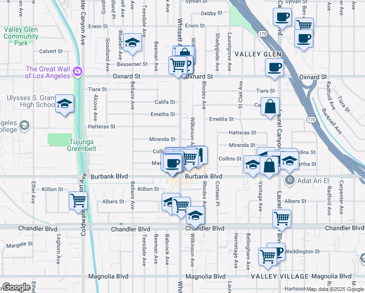 map of restaurants, bars, coffee shops, grocery stores, and more near 12506 Miranda Street in Los Angeles