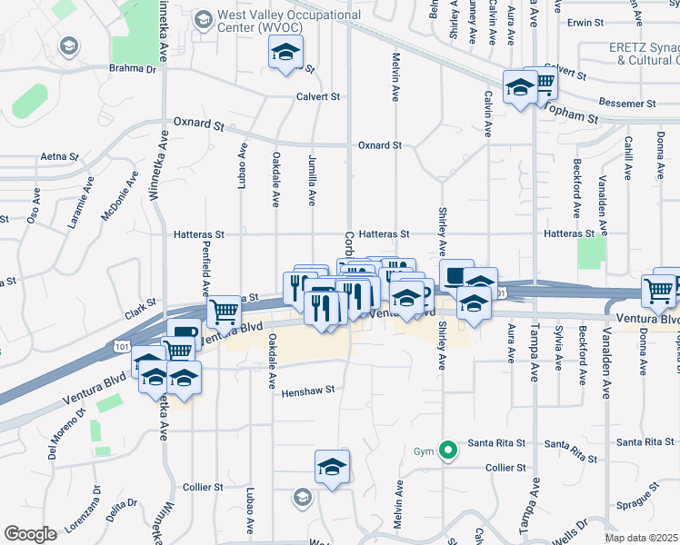 map of restaurants, bars, coffee shops, grocery stores, and more near 5701 Corbin Avenue in Los Angeles