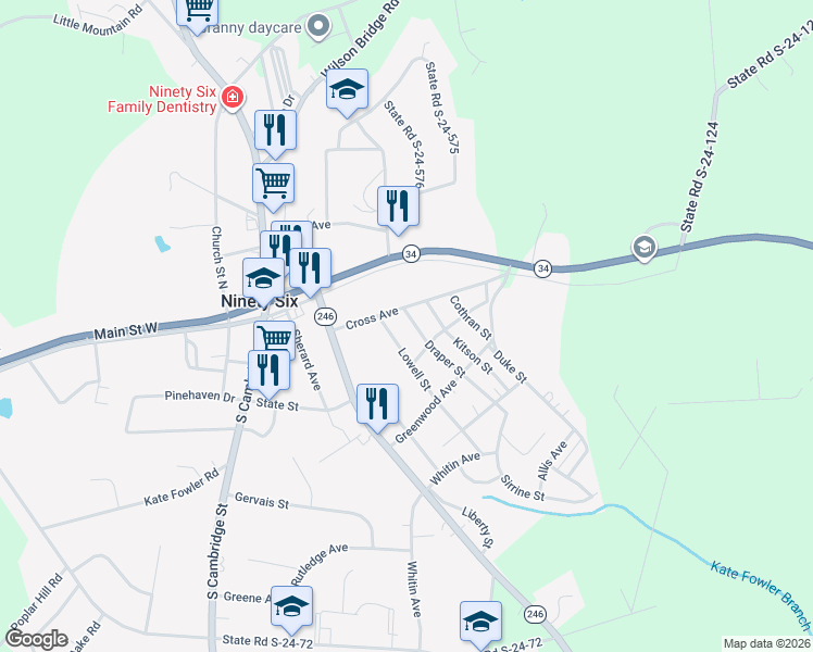 map of restaurants, bars, coffee shops, grocery stores, and more near 90 Draper Street in Ninety Six