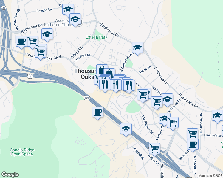 map of restaurants, bars, coffee shops, grocery stores, and more near 2250 South Conejo School Road in Thousand Oaks