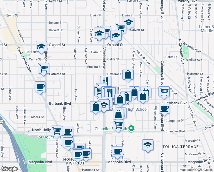 map of restaurants, bars, coffee shops, grocery stores, and more near 5710 Vineland Avenue in Los Angeles