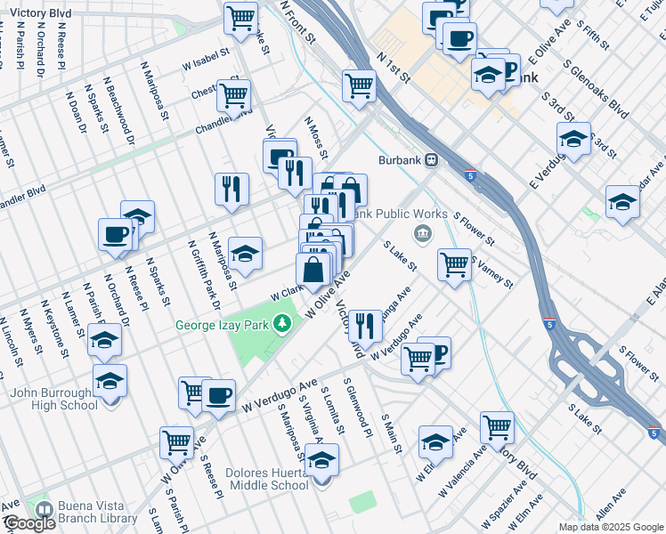 map of restaurants, bars, coffee shops, grocery stores, and more near 137 North Victory Boulevard in Burbank