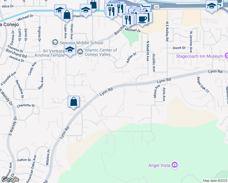 map of restaurants, bars, coffee shops, grocery stores, and more near 2408 West Kelly Road in Thousand Oaks
