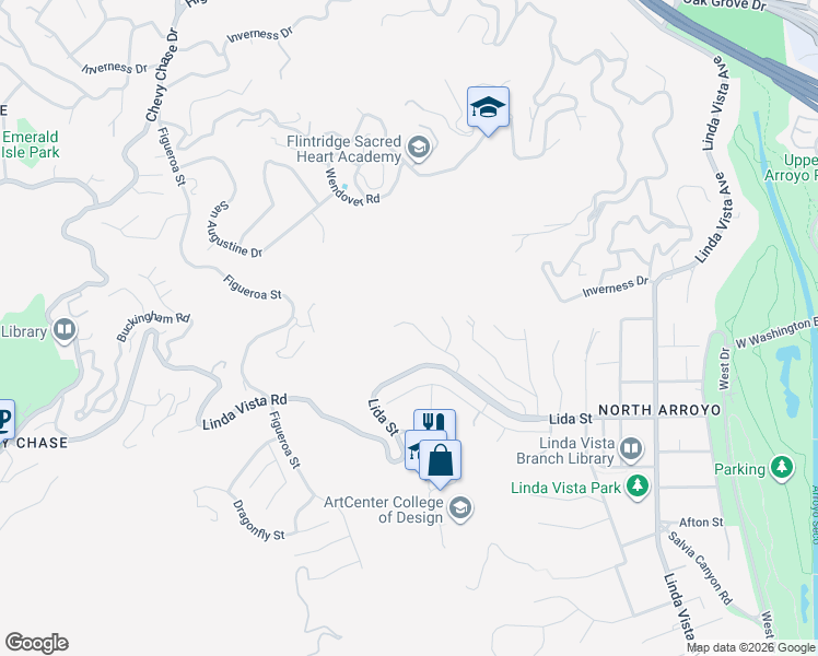 map of restaurants, bars, coffee shops, grocery stores, and more near 1700 Knollwood Drive in Pasadena