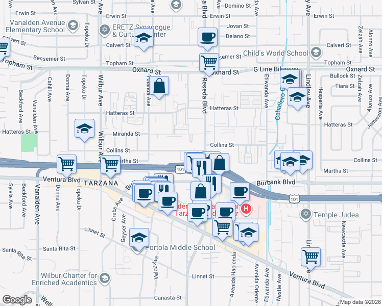 map of restaurants, bars, coffee shops, grocery stores, and more near 18540 Collins Street in Los Angeles