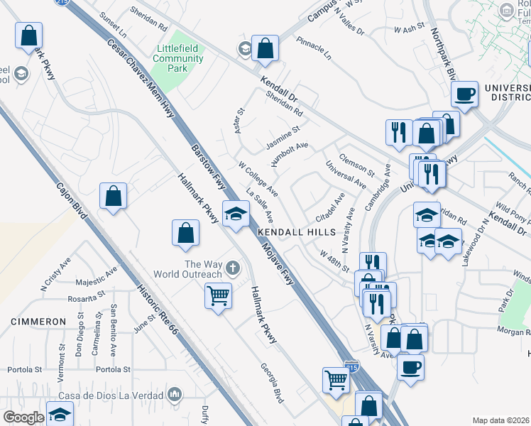 map of restaurants, bars, coffee shops, grocery stores, and more near 5041 Wyche Court in San Bernardino