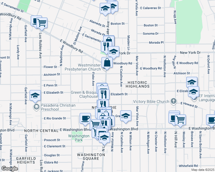 map of restaurants, bars, coffee shops, grocery stores, and more near 918 East Topeka Street in Pasadena