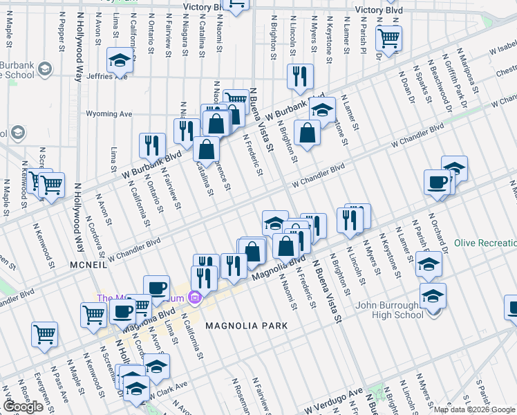 map of restaurants, bars, coffee shops, grocery stores, and more near 940 North Naomi Street in Burbank