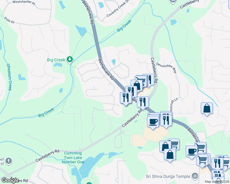 map of restaurants, bars, coffee shops, grocery stores, and more near 5625 Falls Landing Drive in Cumming
