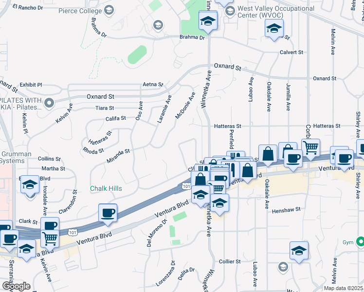 map of restaurants, bars, coffee shops, grocery stores, and more near 5666 Rawlings Avenue in Los Angeles