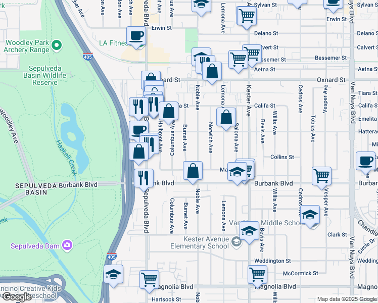 map of restaurants, bars, coffee shops, grocery stores, and more near 5718 Burnet Avenue in Los Angeles