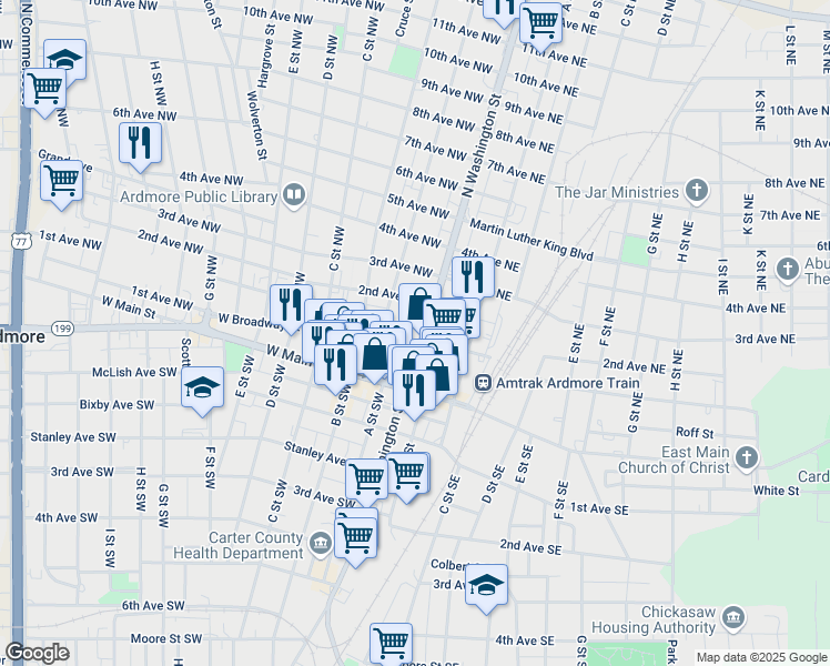 map of restaurants, bars, coffee shops, grocery stores, and more near 7 West Broadway Street in Ardmore