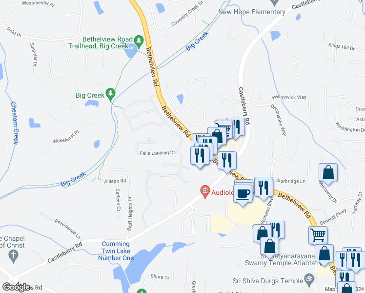 map of restaurants, bars, coffee shops, grocery stores, and more near 5625 Falls Landing Drive in Cumming