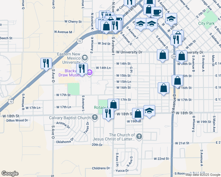 map of restaurants, bars, coffee shops, grocery stores, and more near 925 West 16th Street in Portales