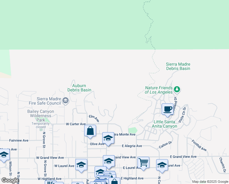 map of restaurants, bars, coffee shops, grocery stores, and more near 2 South Baldwin Avenue in Sierra Madre
