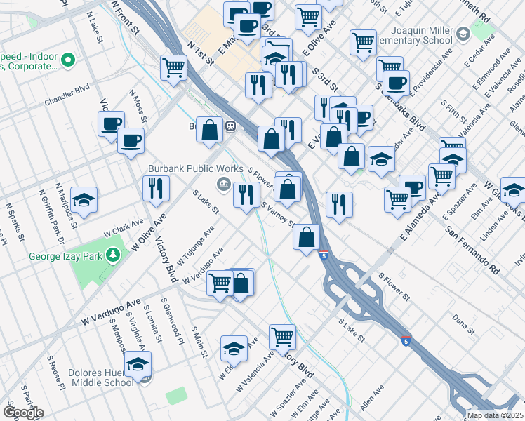 map of restaurants, bars, coffee shops, grocery stores, and more near 414 South Varney Street in Burbank