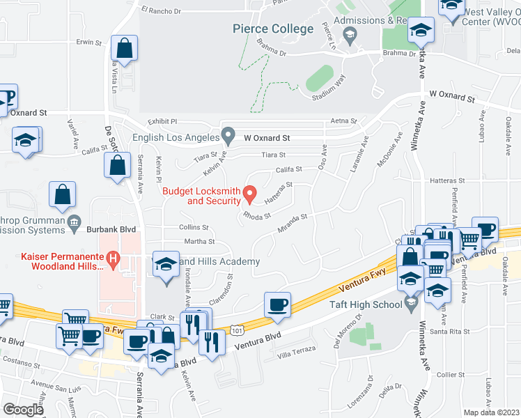 map of restaurants, bars, coffee shops, grocery stores, and more near 20558 Hatteras Street in Los Angeles