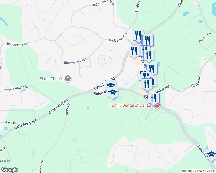 map of restaurants, bars, coffee shops, grocery stores, and more near 112 Overlook Ridge Way in Canton