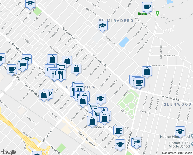 map of restaurants, bars, coffee shops, grocery stores, and more near 1227 Western Avenue in Glendale