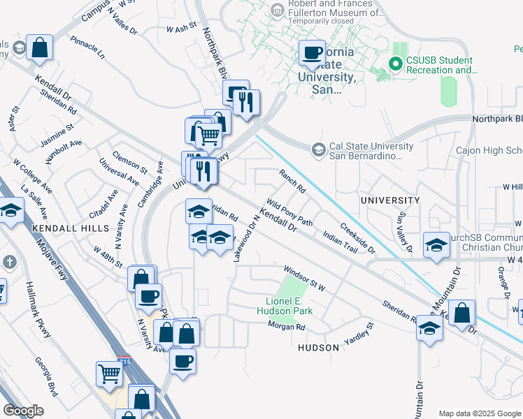 map of restaurants, bars, coffee shops, grocery stores, and more near Kendall Drive in DEVORE HGHTS