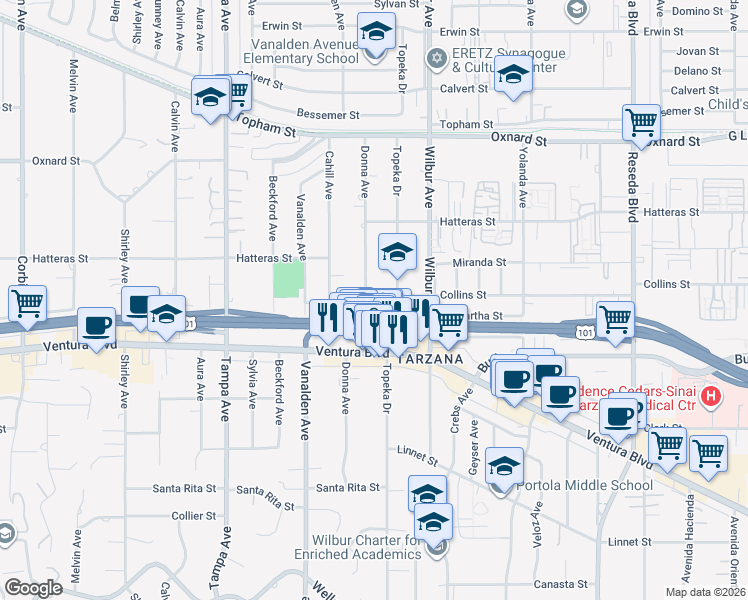 map of restaurants, bars, coffee shops, grocery stores, and more near 5665 Topeka Drive in Los Angeles