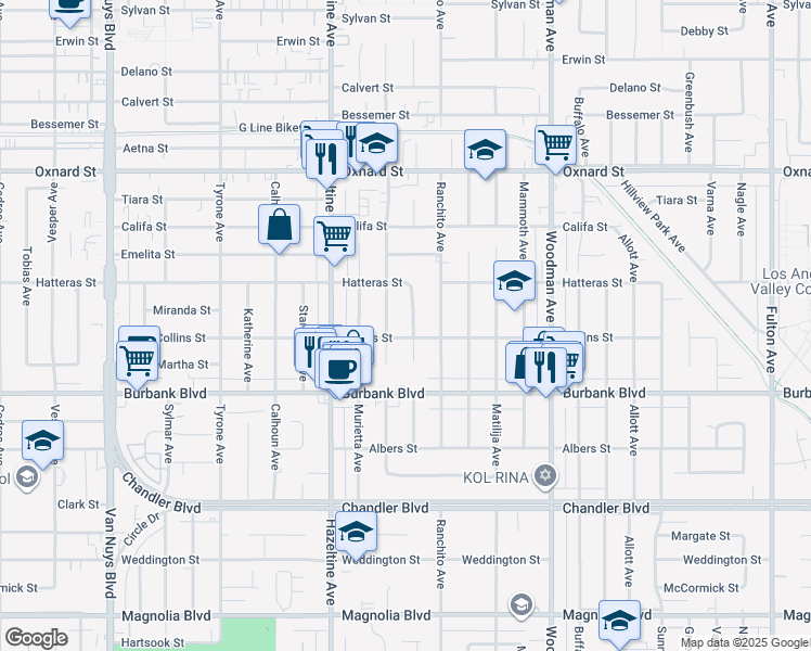 map of restaurants, bars, coffee shops, grocery stores, and more near 5711 Colbath Avenue in Los Angeles