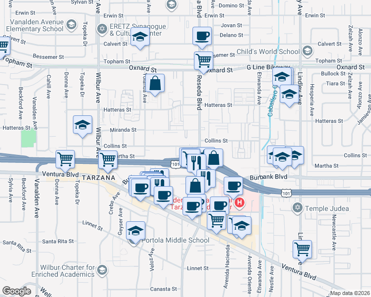 map of restaurants, bars, coffee shops, grocery stores, and more near 18540 Collins Street in Tarzana