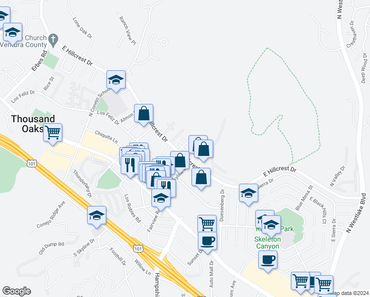 map of restaurants, bars, coffee shops, grocery stores, and more near 344 Eric Place in Thousand Oaks