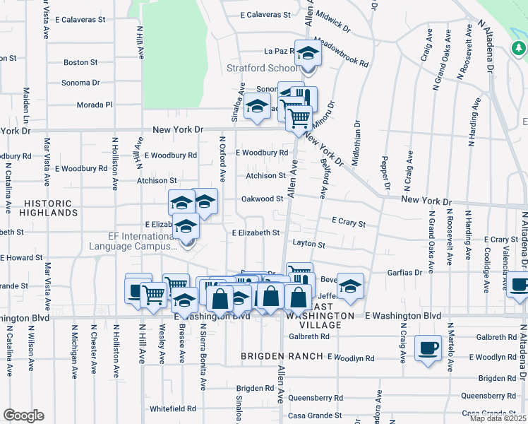 map of restaurants, bars, coffee shops, grocery stores, and more near 1771 East Crary Street in Pasadena