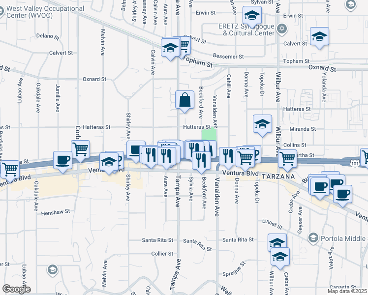 map of restaurants, bars, coffee shops, grocery stores, and more near 5658 Tampa Avenue in Los Angeles