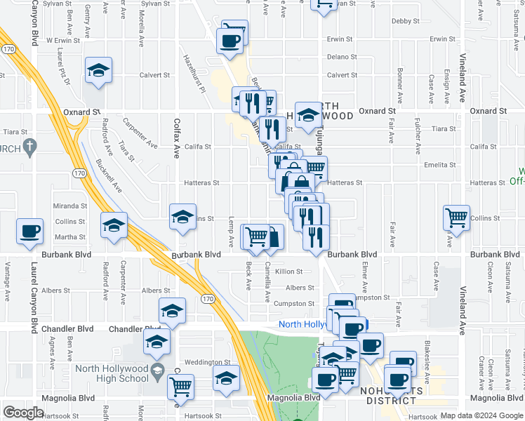 map of restaurants, bars, coffee shops, grocery stores, and more near 5711 Camellia Avenue in Los Angeles
