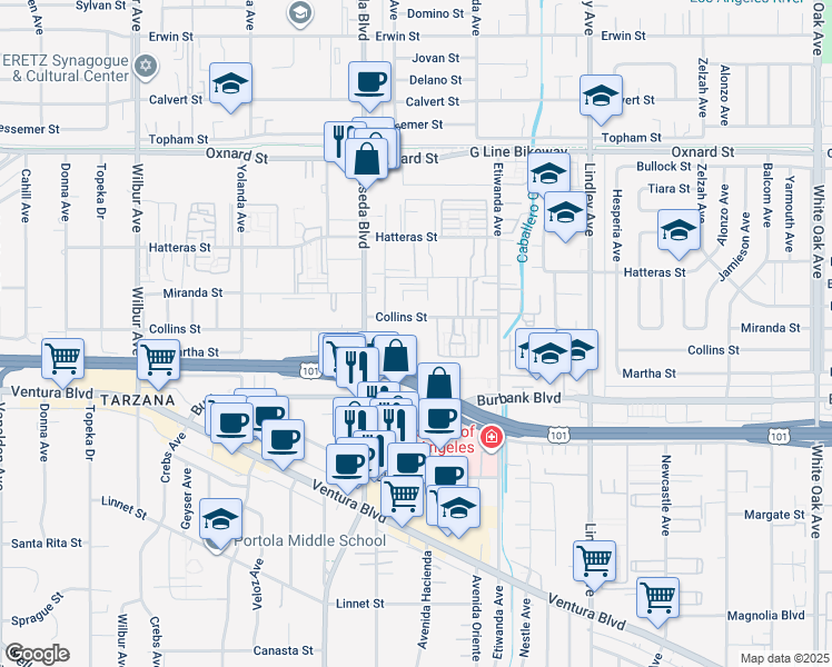 map of restaurants, bars, coffee shops, grocery stores, and more near 18414 Collins Street in Los Angeles