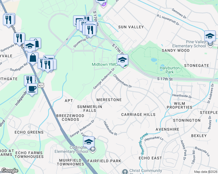 map of restaurants, bars, coffee shops, grocery stores, and more near 3669 Merestone Drive in Wilmington