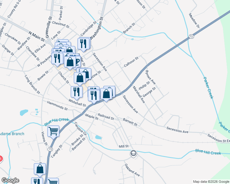 map of restaurants, bars, coffee shops, grocery stores, and more near 100 Brooks Street in Abbeville
