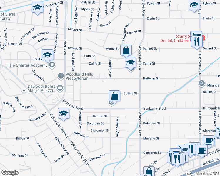 map of restaurants, bars, coffee shops, grocery stores, and more near 23365 Collins Street in Los Angeles