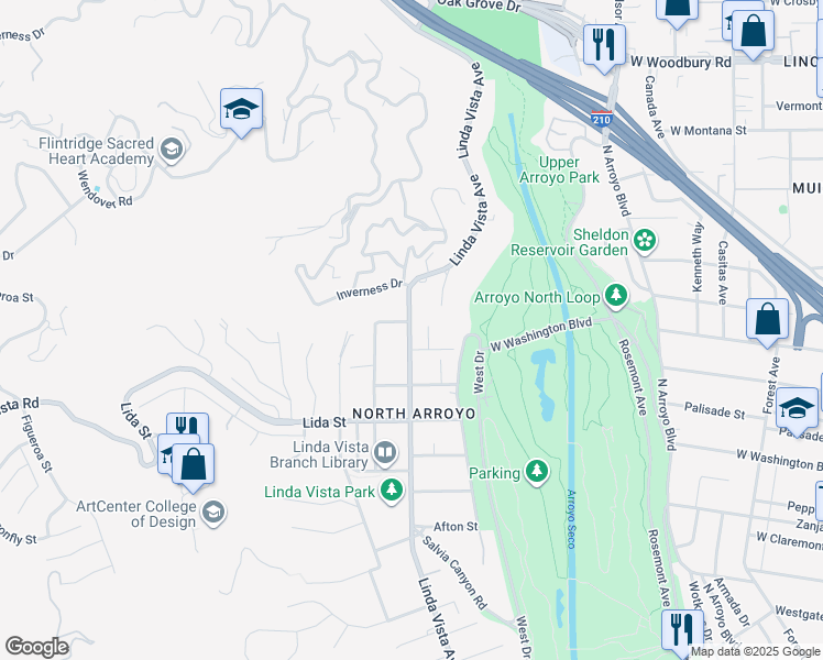 map of restaurants, bars, coffee shops, grocery stores, and more near 1566 Linda Vista Avenue in Pasadena