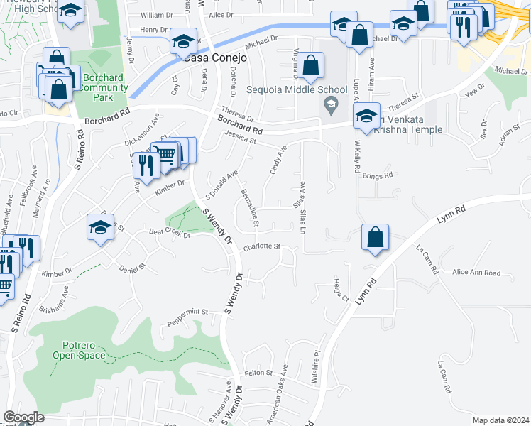 map of restaurants, bars, coffee shops, grocery stores, and more near 196 Silas Avenue in Thousand Oaks