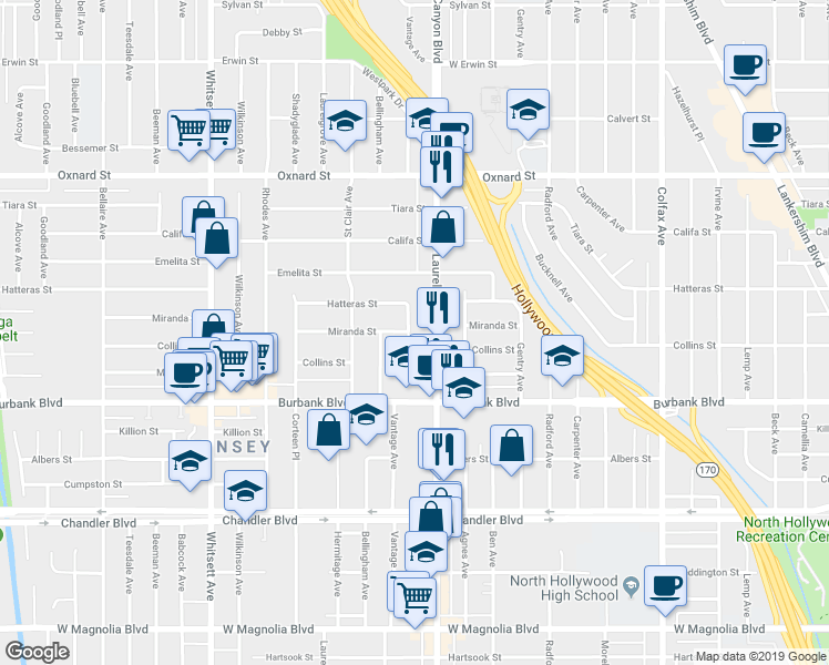 map of restaurants, bars, coffee shops, grocery stores, and more near 5714 Vantage Avenue in Los Angeles