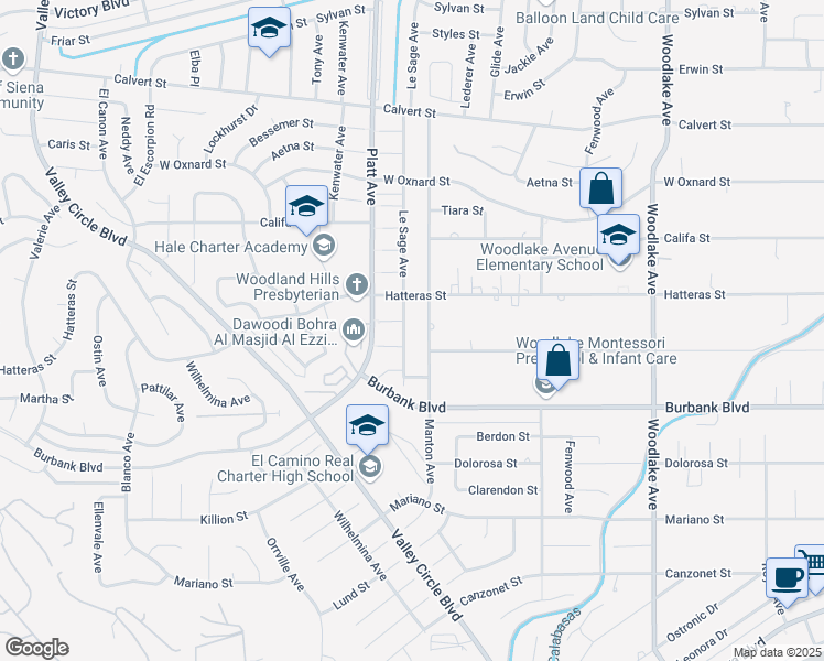 map of restaurants, bars, coffee shops, grocery stores, and more near 5722 Le Sage Avenue in Los Angeles