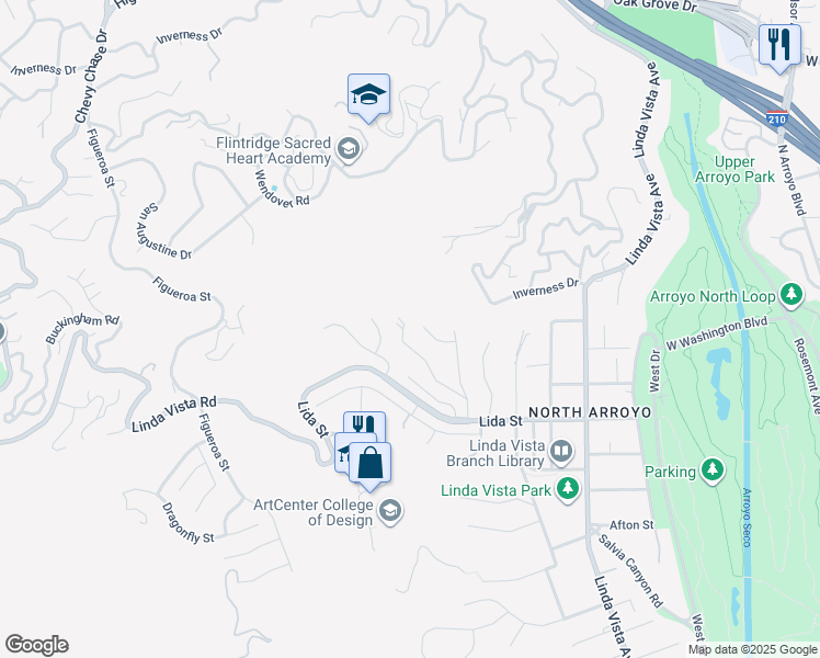map of restaurants, bars, coffee shops, grocery stores, and more near 1556 Scenic Drive in Pasadena