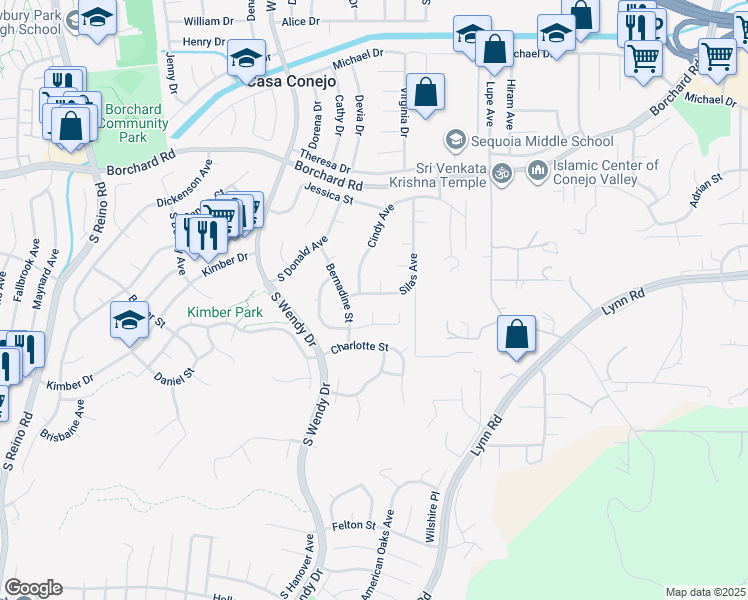 map of restaurants, bars, coffee shops, grocery stores, and more near 192 Silas Avenue in Thousand Oaks